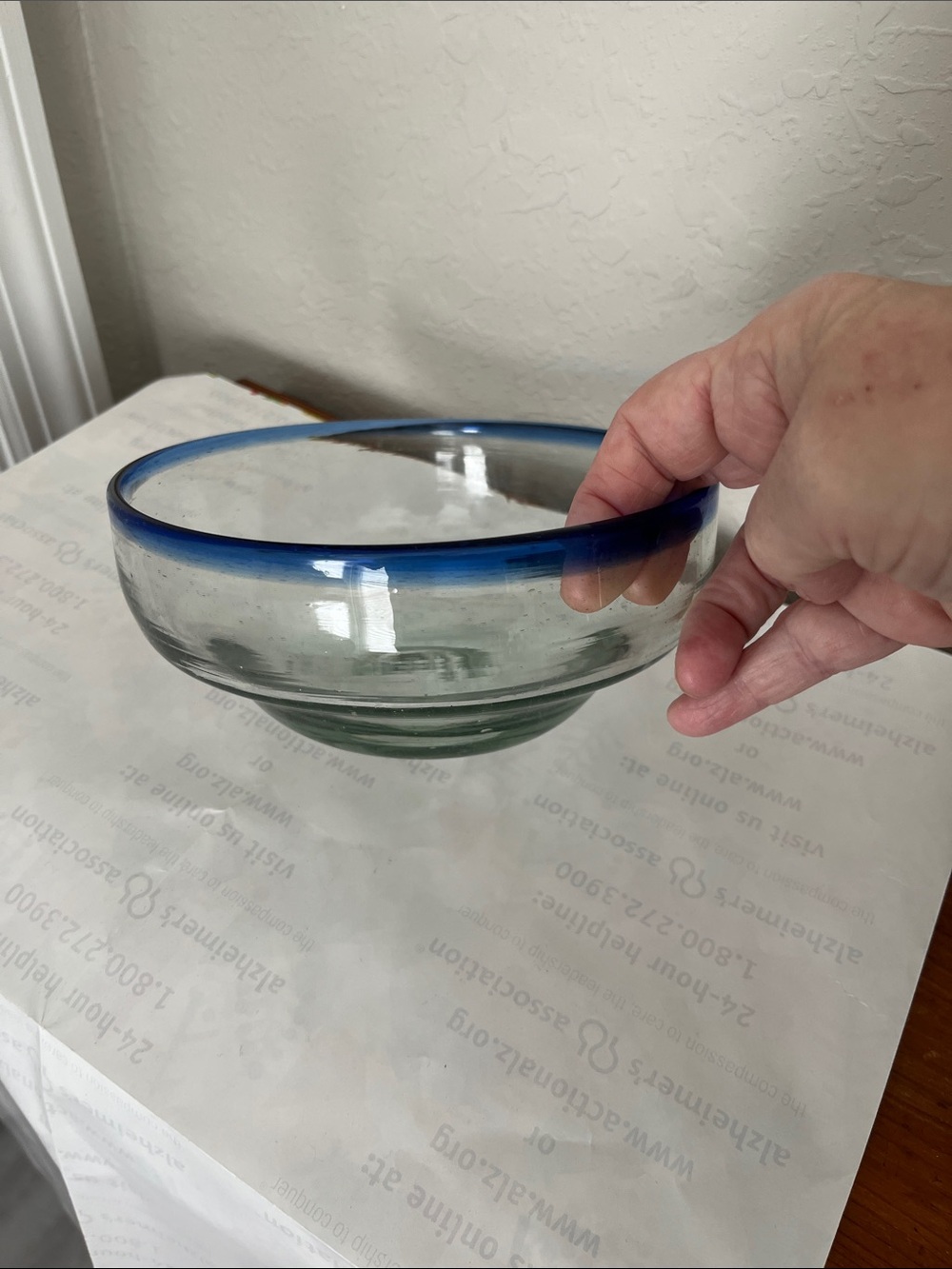 Mexican Handblown Glass Bowl with Blue Rim - Home Art